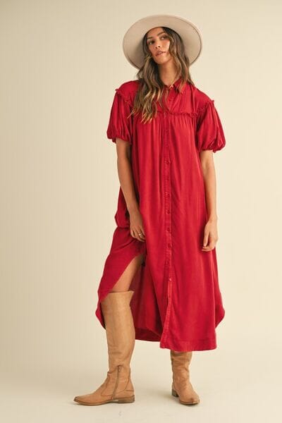Annie Wear Mineral Washed Button Down Puff Sleeve Shirt Dress - Sydney So Sweet