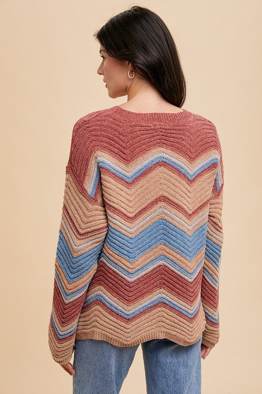 Annie Wear Multi Color Zig-Zag Round Neck Sweater - Sydney So Sweet