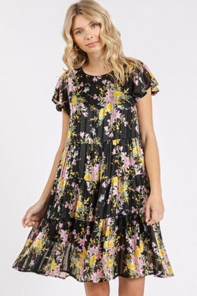 Mittoshop Flower Print Round Neck Flutter Sleeve Tiered Dress - Sydney So Sweet