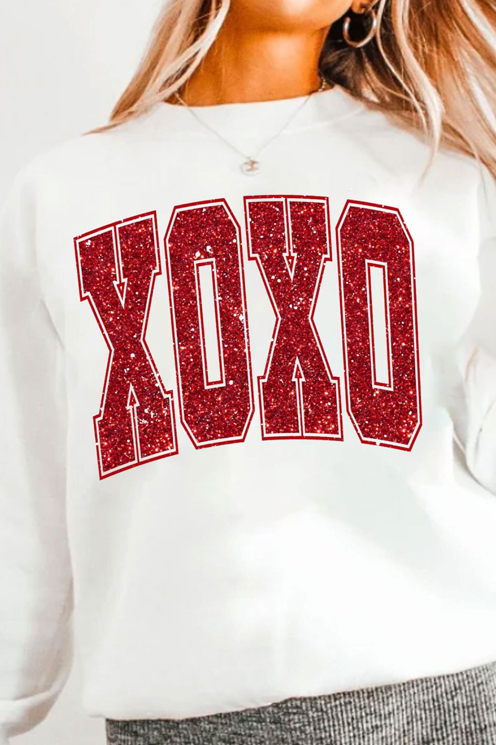 Valentine’s Day XOXO Glitter Round Neck Sweatshirt - Sydney So Sweet