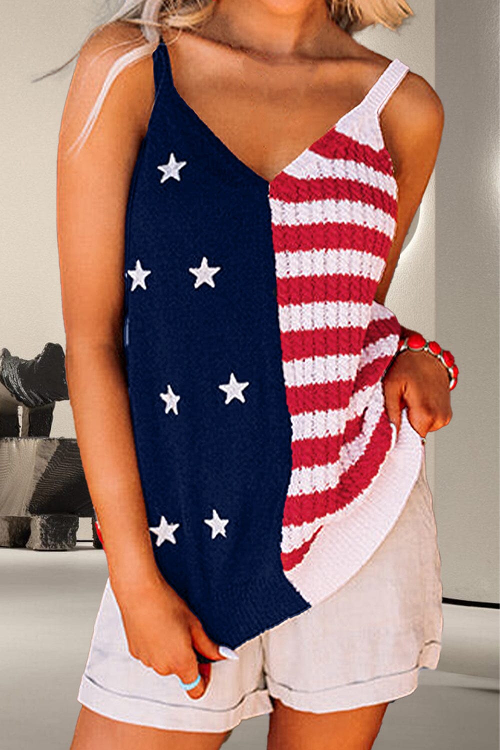 US Flag Theme V-Neck Knit Cami - Sydney So Sweet