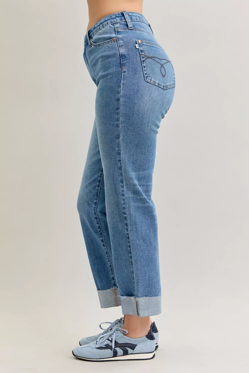 Judy Blue High Waist Bf Criss-cross Mild Destroy Jeans with Single Cuff - Sydney So Sweet