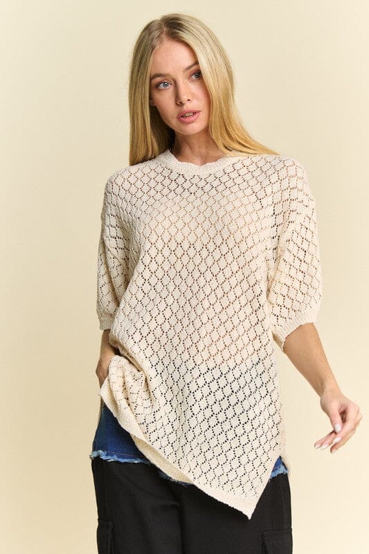 Davi & Dani Side Slit Openwork Round Neck Half Sleeve Knit Cover Up - Sydney So Sweet