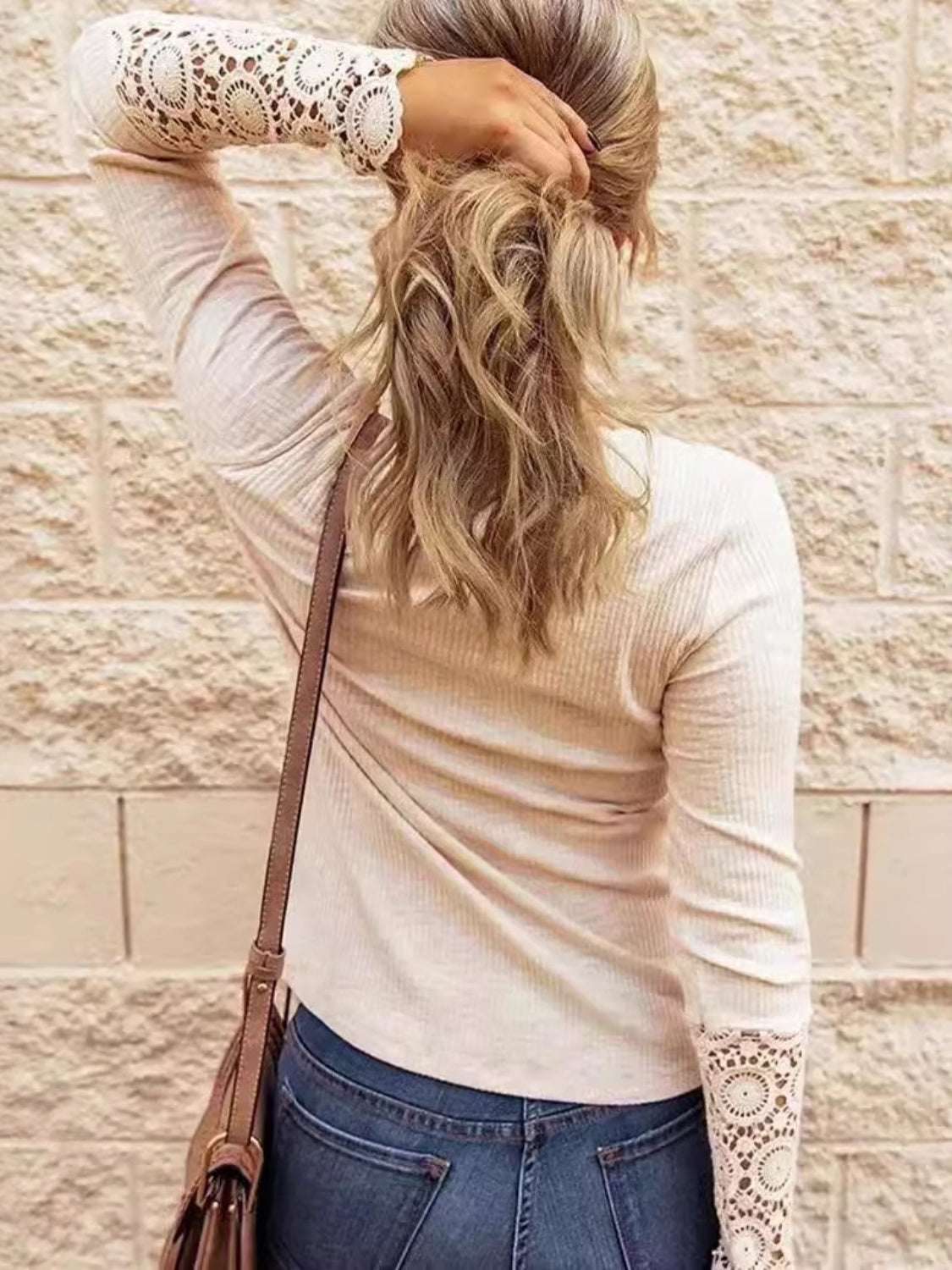 Lace Detail Half Button Round Neck Long Sleeve T-Shirt - Sydney So Sweet