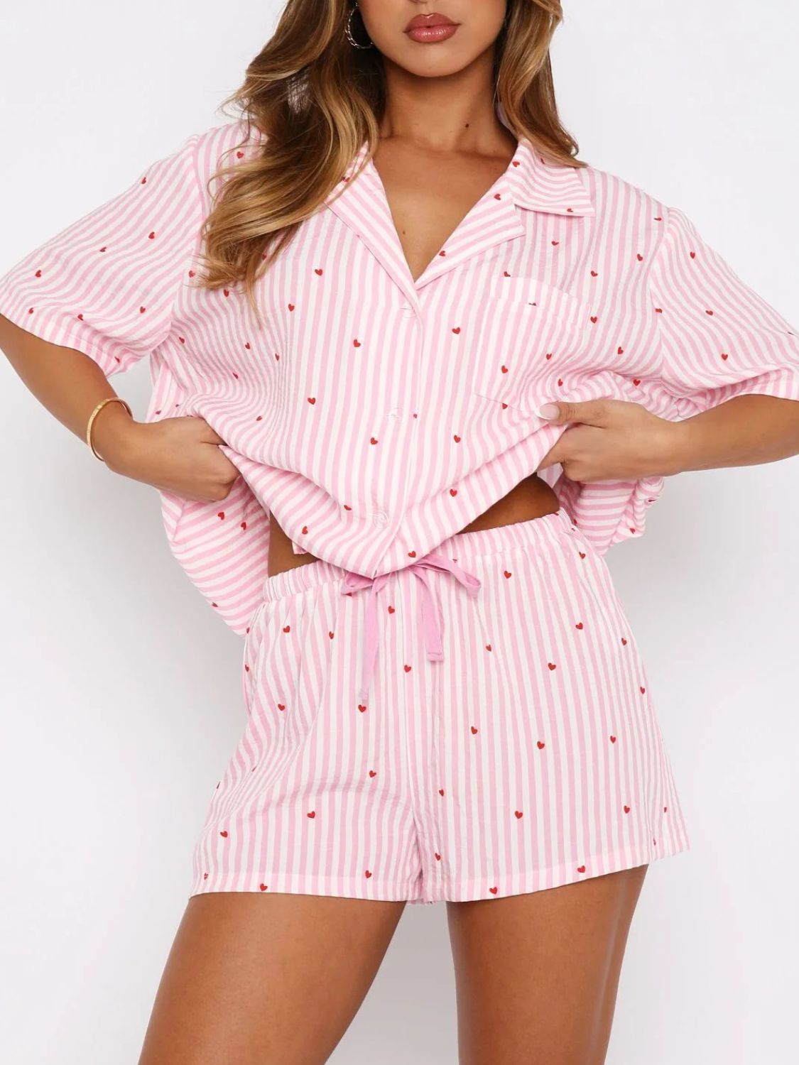 Valentine's Day Printed Collared Neck Short Sleeve Top and Shorts Set - Sydney So Sweet