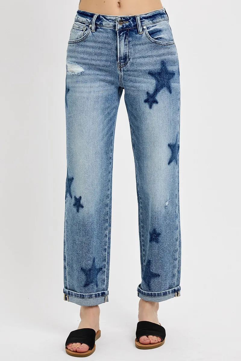 RISEN Full Size Mid Rise Boyfriend Star Shadow Detail Cuffed Jeans Plus Size - Sydney So Sweet