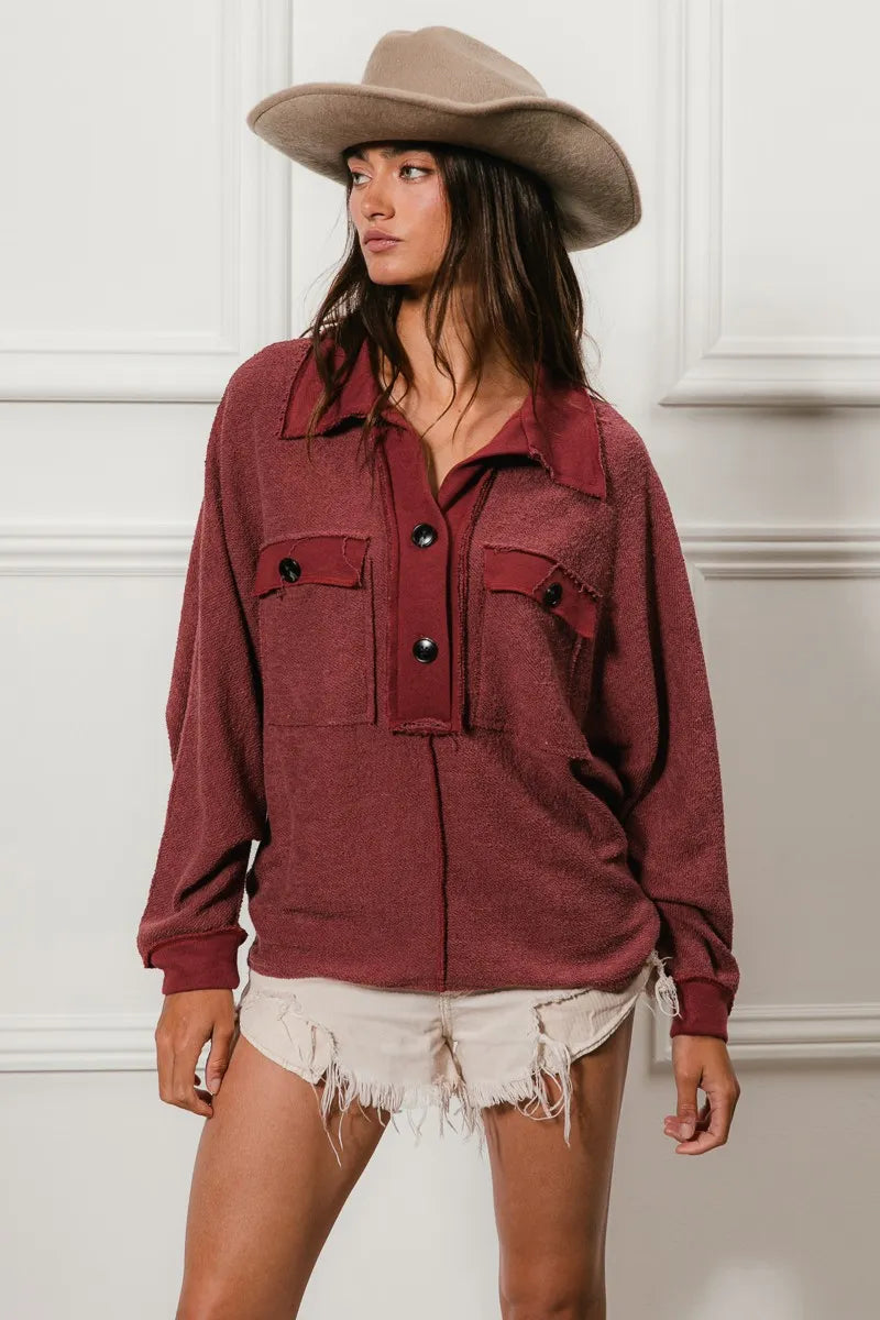 BiBi Cp French Terry Cut Edge Detail Collared Top - Sydney So Sweet