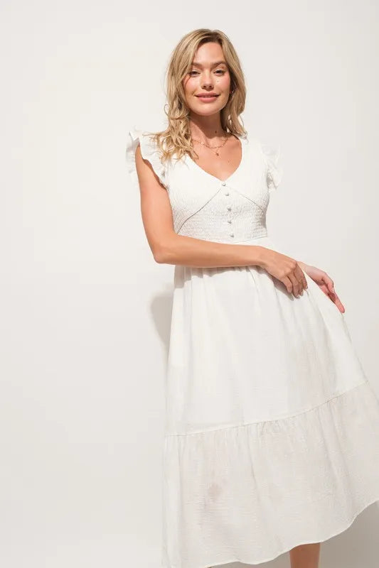 And The Why Ruffle Sleeve Front Smocked Tiered Midi Dress - Sydney So Sweet