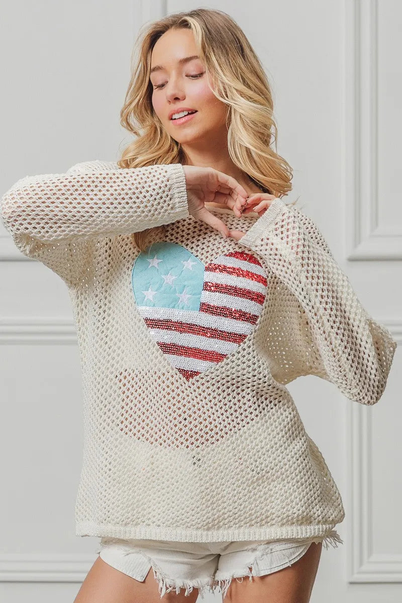 BiBi Sequin American Flag Heart Knit Up - Sydney So Sweet