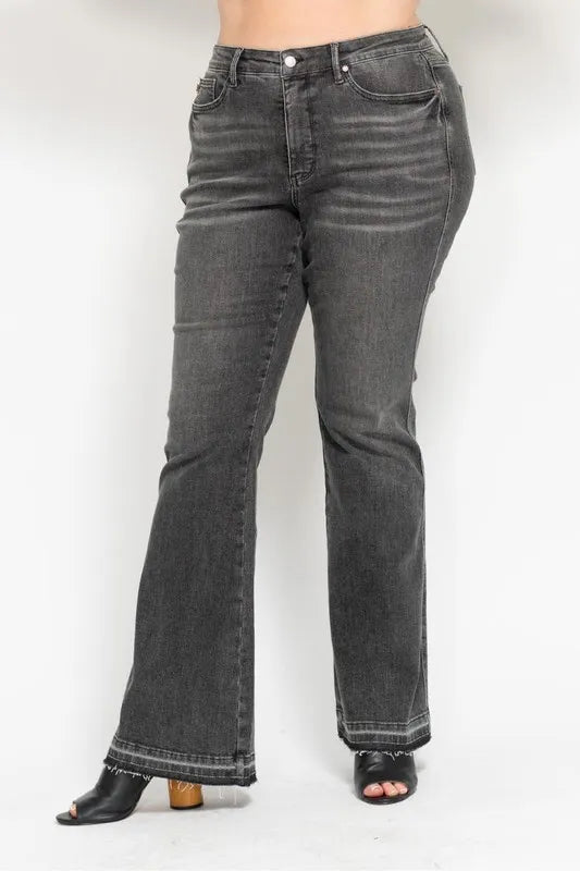 Judy Blue Full Size Mid Rise Tummy Control Washed Gray Release Hem Flare Jeans Plus Size - Sydney So Sweet