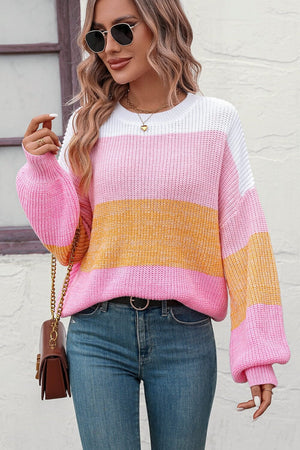 Round Neck Color Block Ribbed Pullover Sweater - Sydney So Sweet