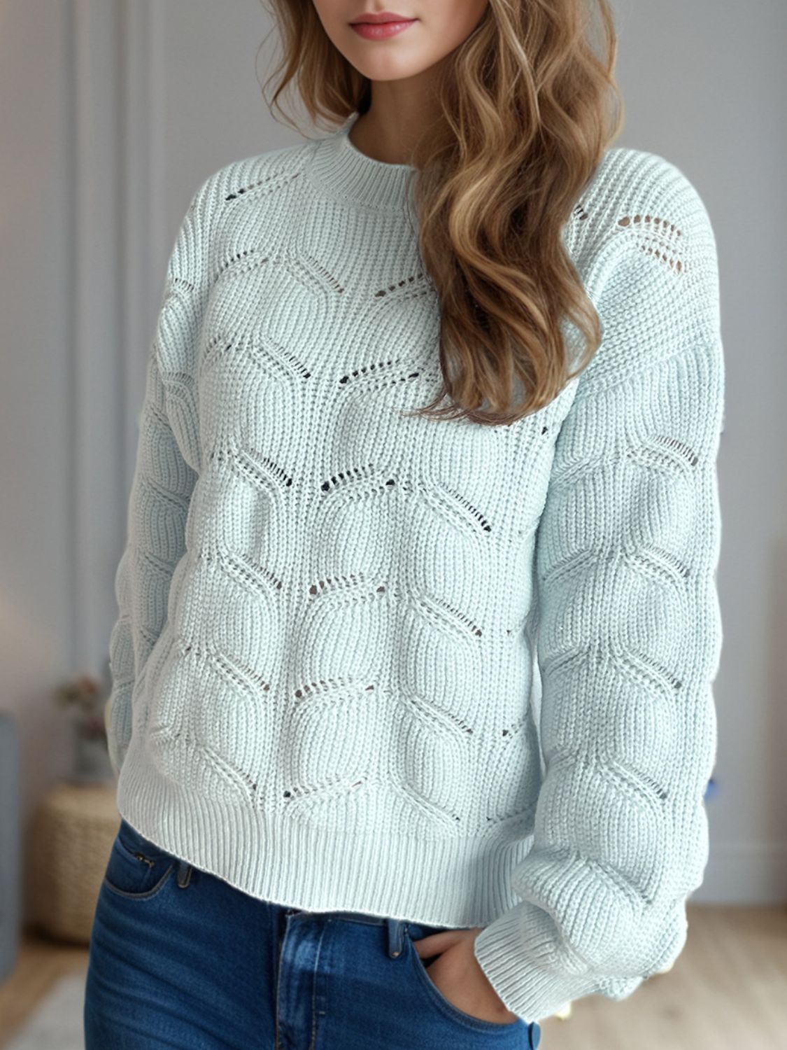 Openwork Round Neck Dropped Shoulder Sweater - Sydney So Sweet