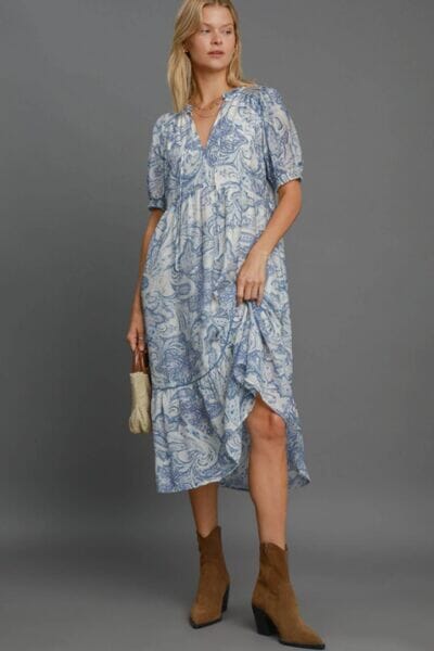 Umgee Full Size Printed Puff Short Sleeve Midi Dress Plus Size BLUE MIX / M