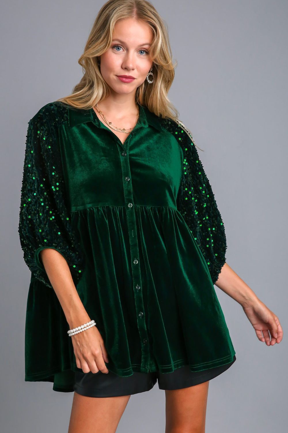 Umgee Sequin Detail Tiered Back Half Sleeve Shirt - Sydney So Sweet