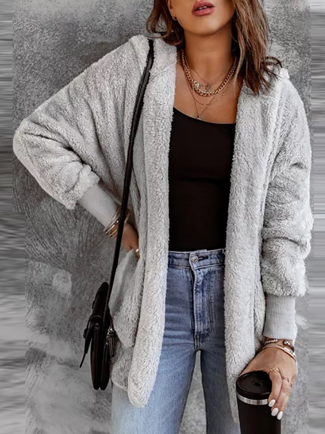 Open Front Hooded Faux Fur Cardigan with Pockets - Sydney So Sweet