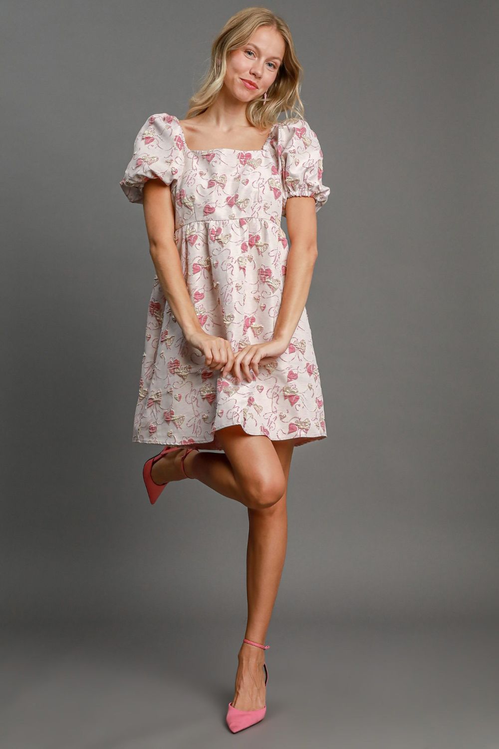 Umgee Heart Jacquard Square Neck Puff Sleeve Mini Dress - Sydney So Sweet