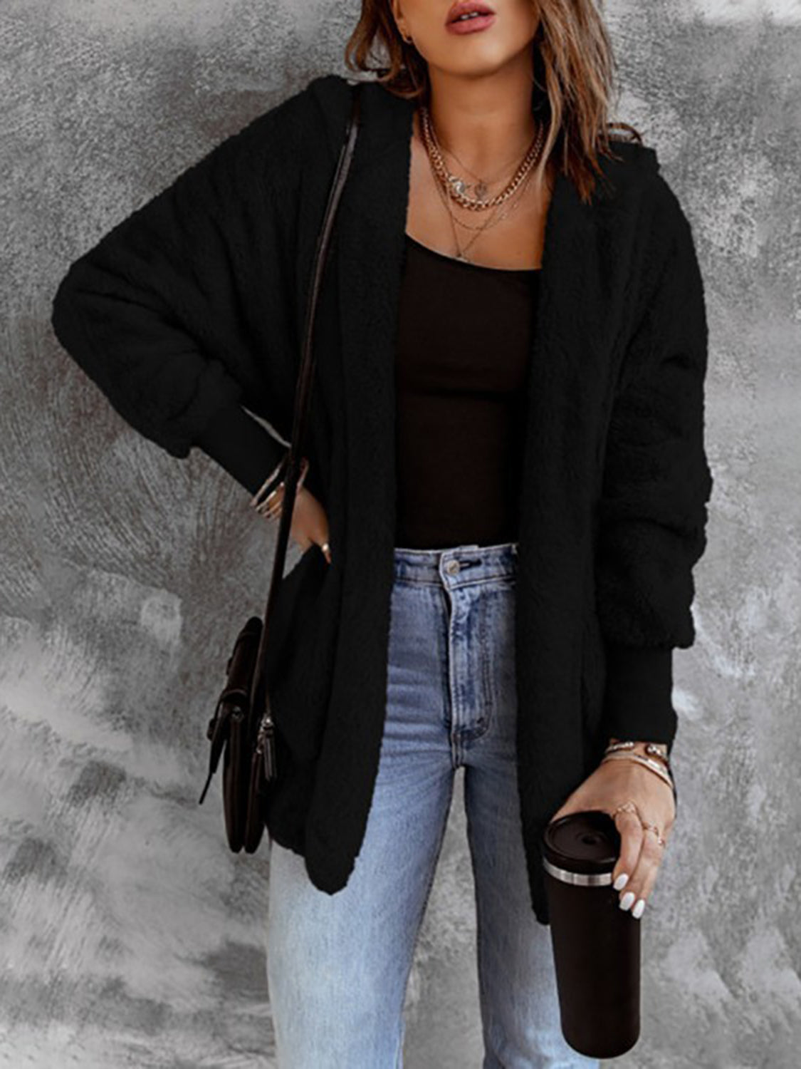 Open Front Hooded Faux Fur Cardigan with Pockets - Sydney So Sweet