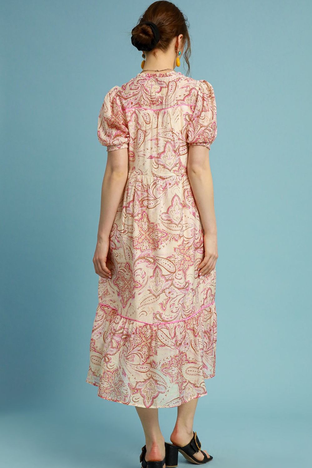 Umgee Full Size Printed Puff Short Sleeve Midi Dress Plus Size - Sydney So Sweet