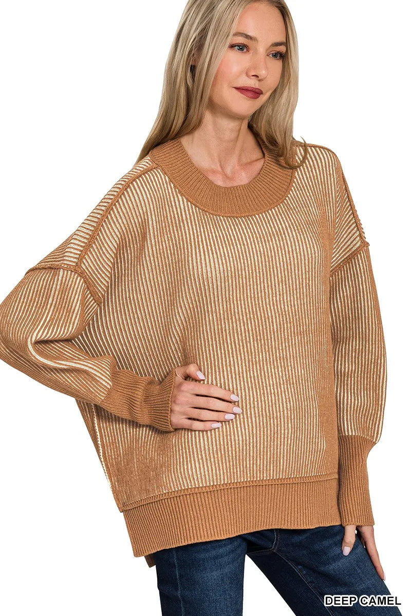 Zenana Exposed Seam Two Tone Ribbed Sweater - Sydney So Sweet