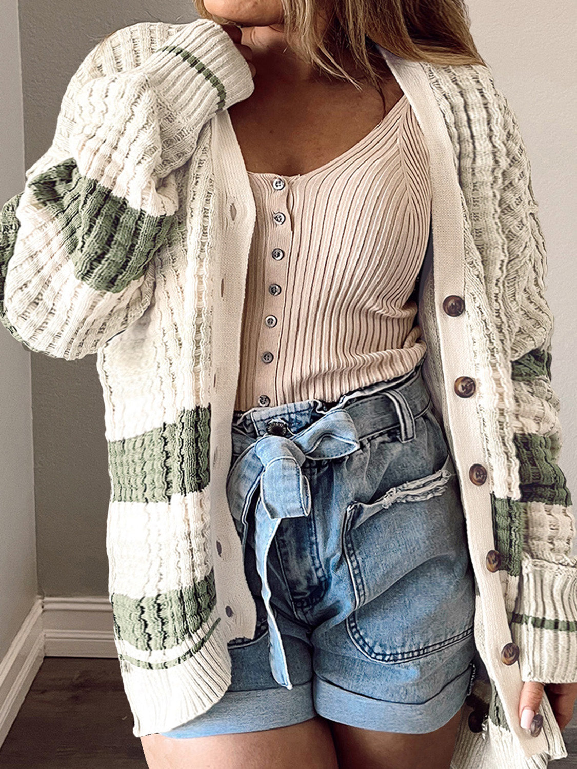 Plus Size Striped Button Up Dropped Shoulder Cardigan - Sydney So Sweet