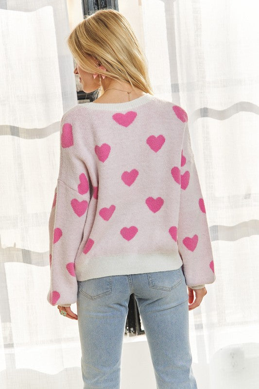 ADORA Heart Round Neck Drop Shoulder Sweater - Sydney So Sweet