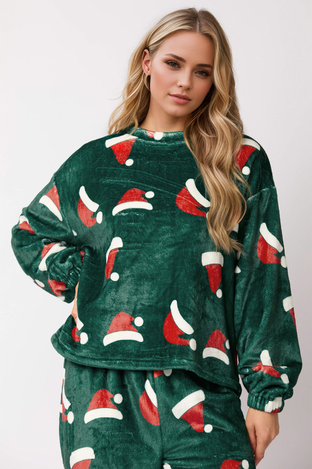 Christmas Hat Pattern Round Neck Long Sleeve Top and Pants Set - Sydney So Sweet