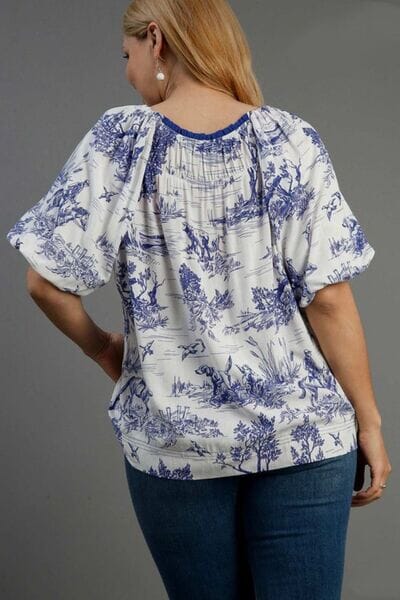 Umgee Full Size Two Tone Landscape Round Neck Print Top Plus Size - Sydney So Sweet