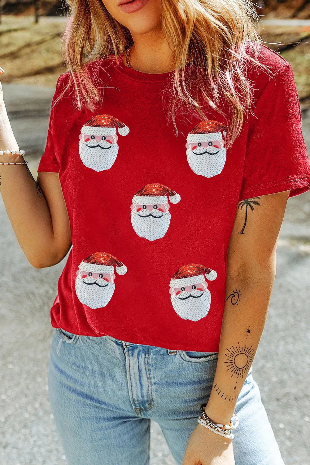 Sequin Santa Round Neck Short Sleeve T-Shirt - Sydney So Sweet