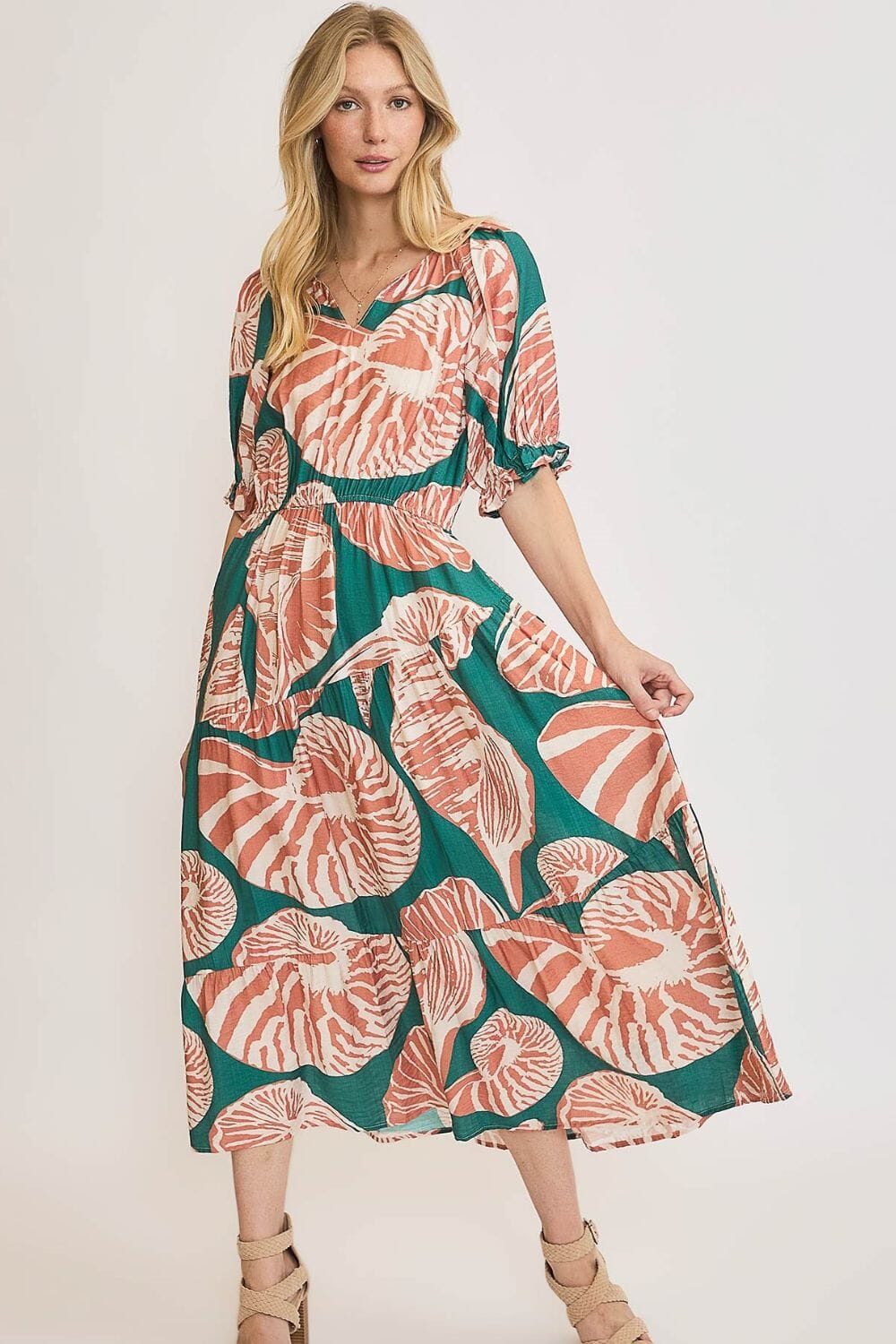 Umgee Full Size Printed Notched Puff Sleeve Midi Dress Plus Size - Sydney So Sweet