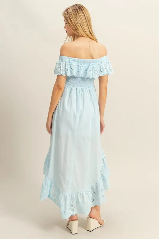 HYFVE High-Low Eyelet Ruffled Off-Shoulder Dress - Sydney So Sweet
