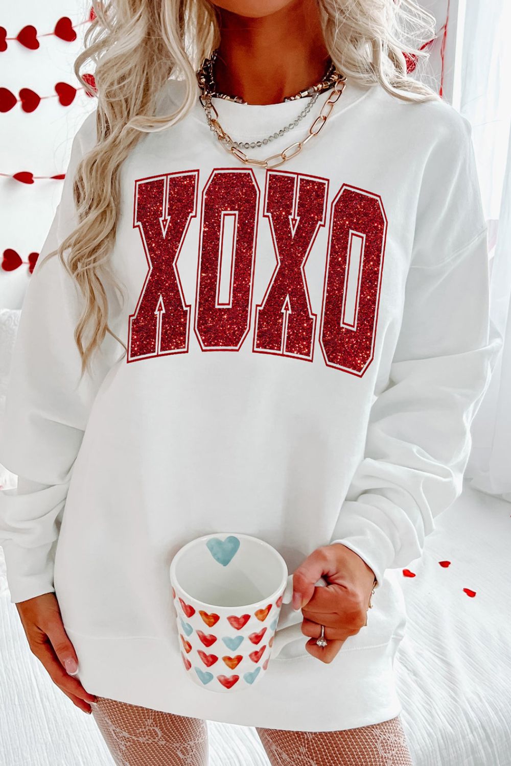 Valentine’s Day XOXO Glitter Round Neck Sweatshirt - Sydney So Sweet