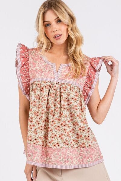 Mittoshop Floral Notched Ruffled Cap Sleeve Blouse - Sydney So Sweet