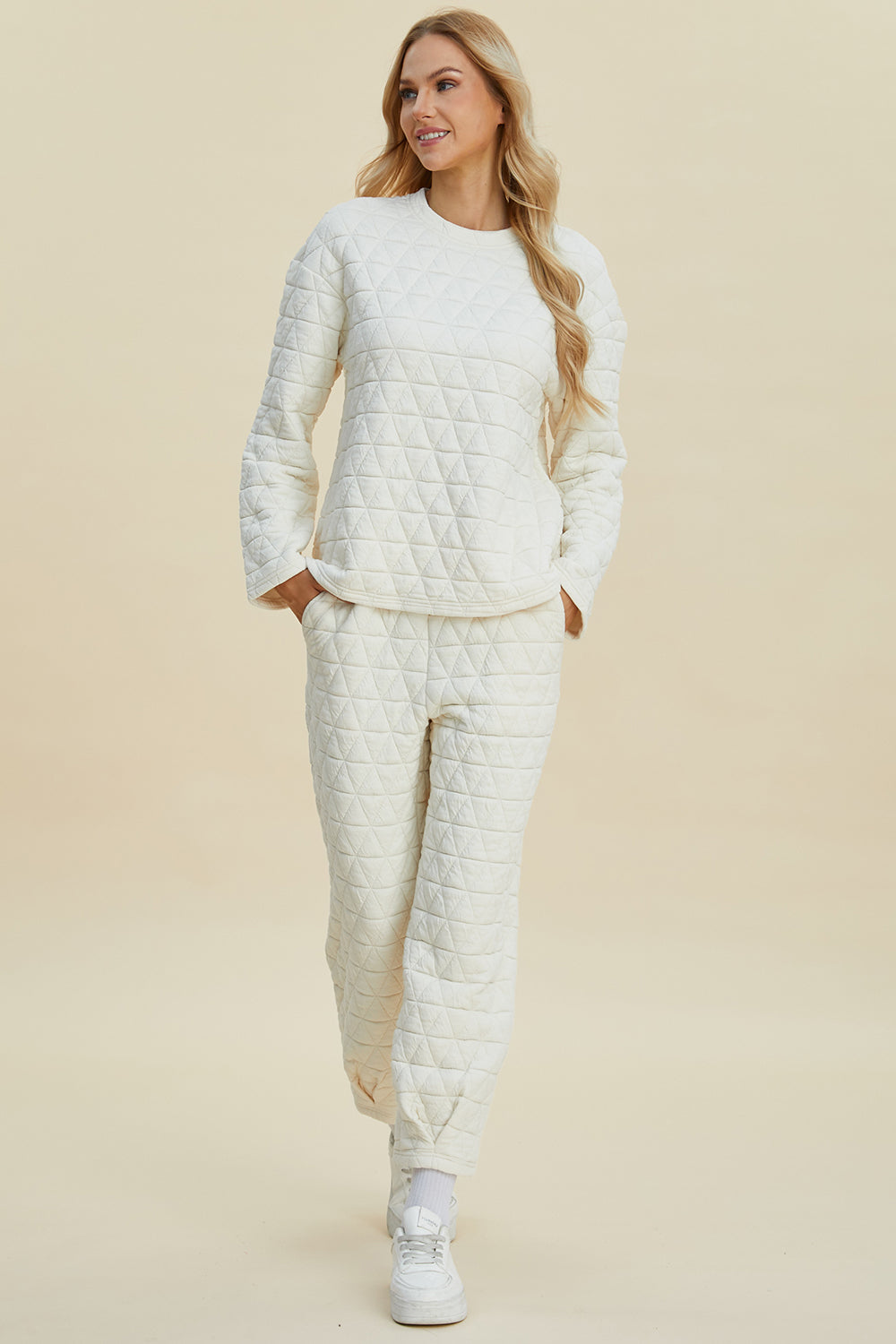 Double Take Full Size Texture Round Neck Long Sleeve Top and Pants Set - Sydney So Sweet