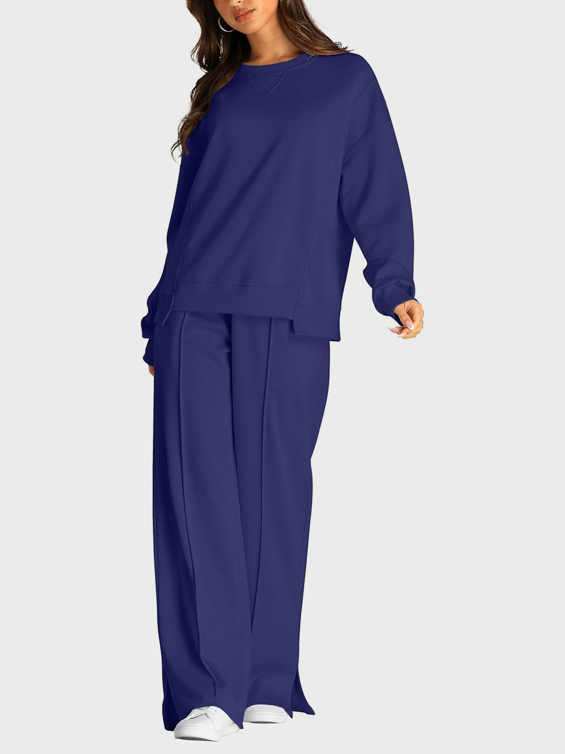 Round Neck Long Sleeve Top and Slit Pants Set - Sydney So Sweet