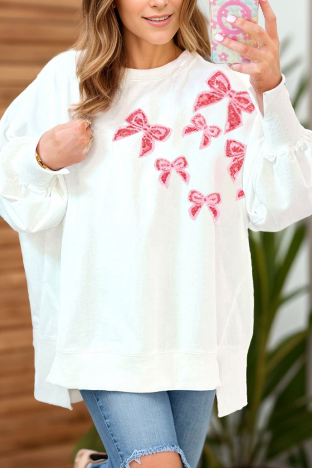 Bow Round Neck Long Sleeve Sweatshirt - Sydney So Sweet