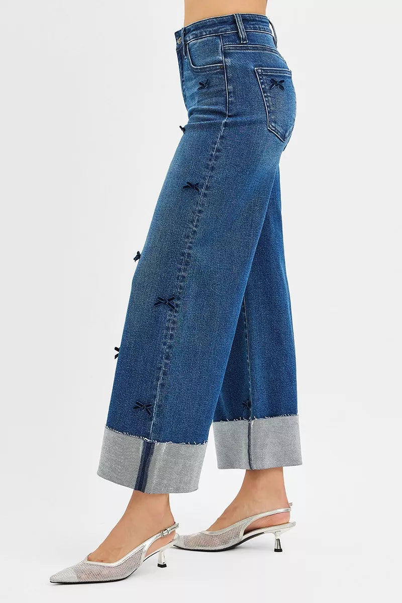 RISEN High Rise Crop Wide Leg Ribbon Detail Jeans - Sydney So Sweet