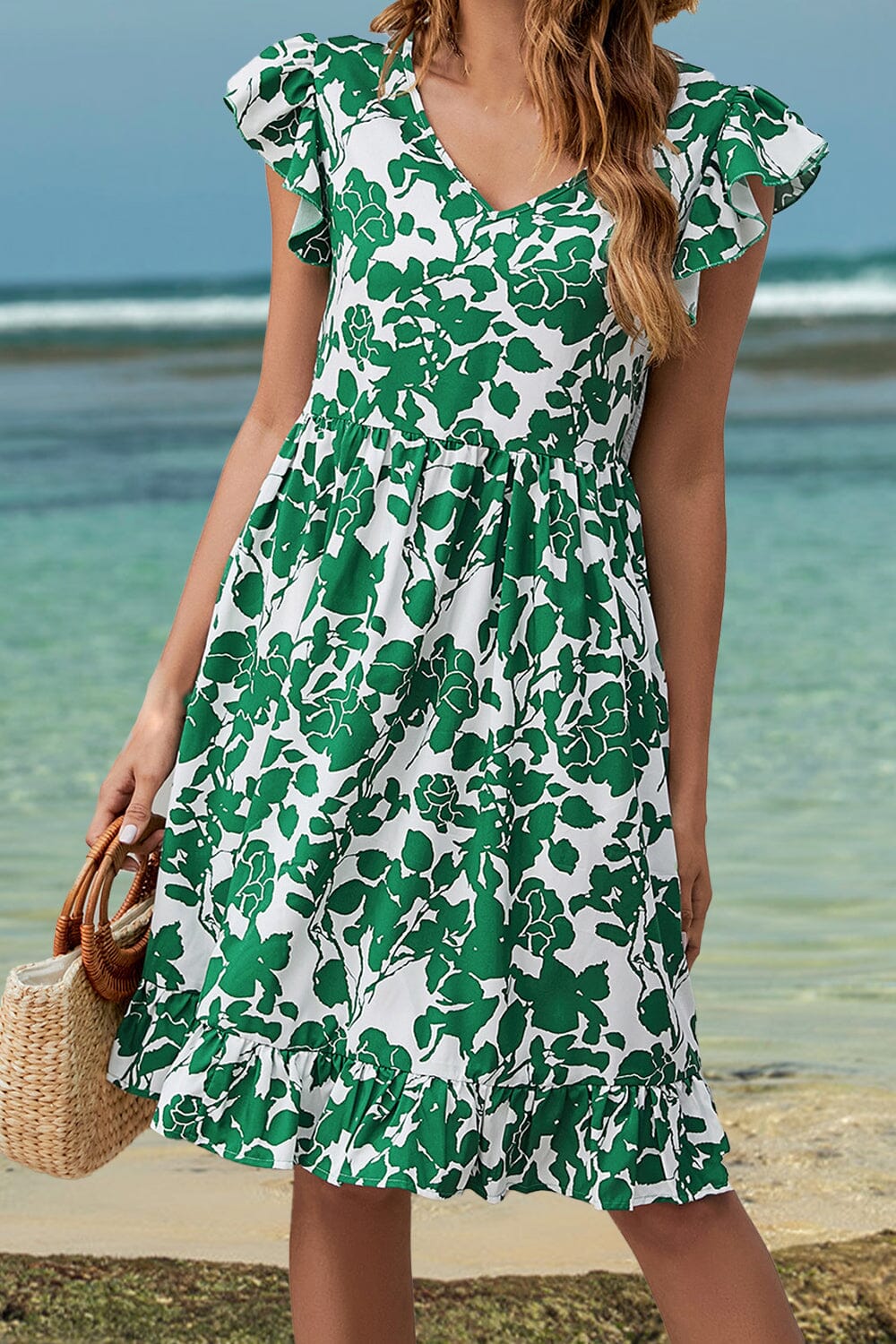 Ruffled Printed V-Neck Cap Sleeve Dress - Sydney So Sweet