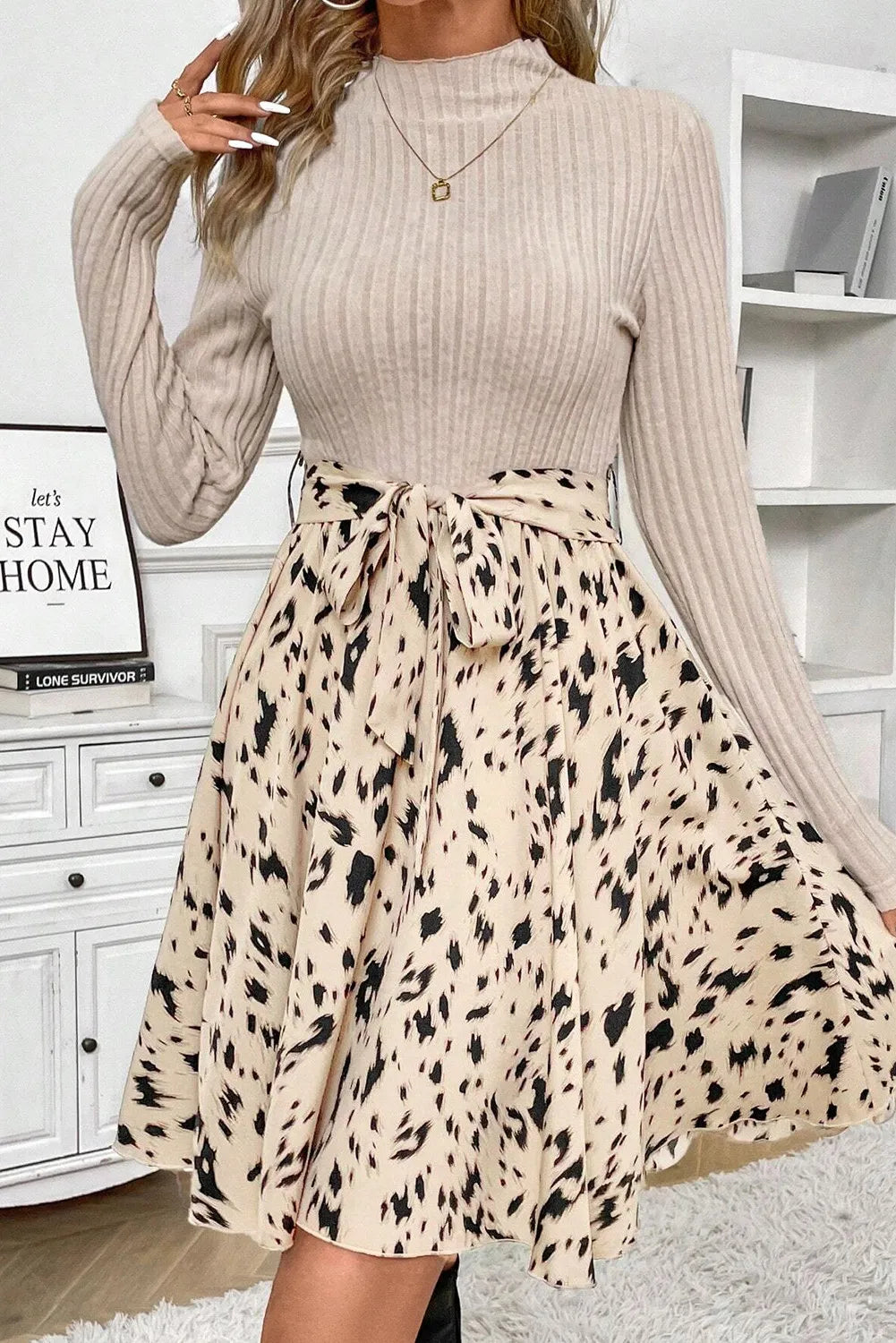 Tied Printed Mock Neck Long Sleeve Dress - Sydney So Sweet