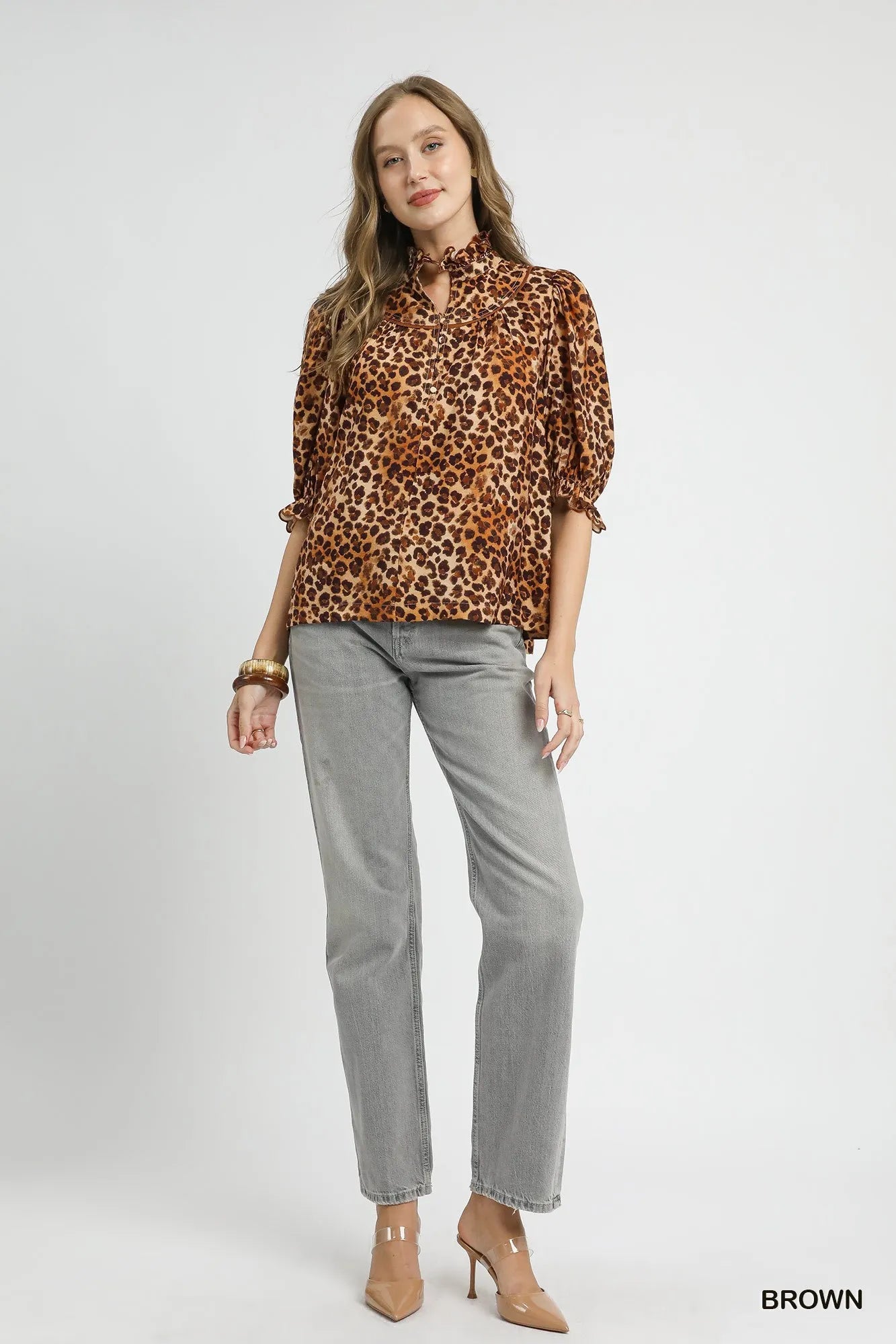 Umgee Full Size Leopard Print Ruffle Neck Blouse Plus Size - Sydney So Sweet