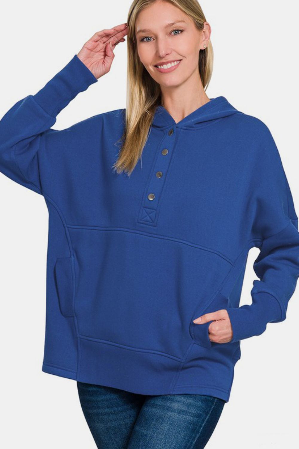 Zenana Half Snap Long Sleeve Hoodie with Kangaroo Pocket - Sydney So Sweet