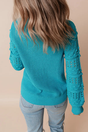 Openwork Frill Round Neck Long Sleeve Sweater - Sydney So Sweet