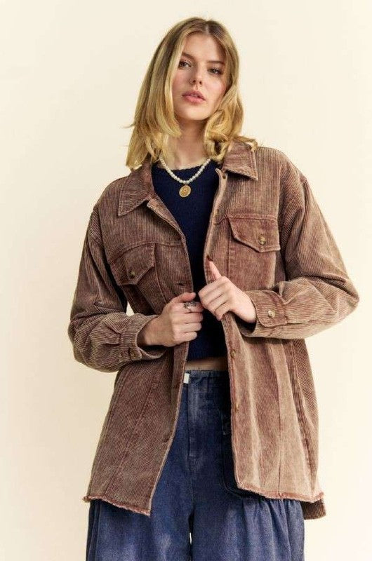 Davi &amp; Dani Washed Corduroy Raw Hem Button Up Jacket - Sydney So Sweet