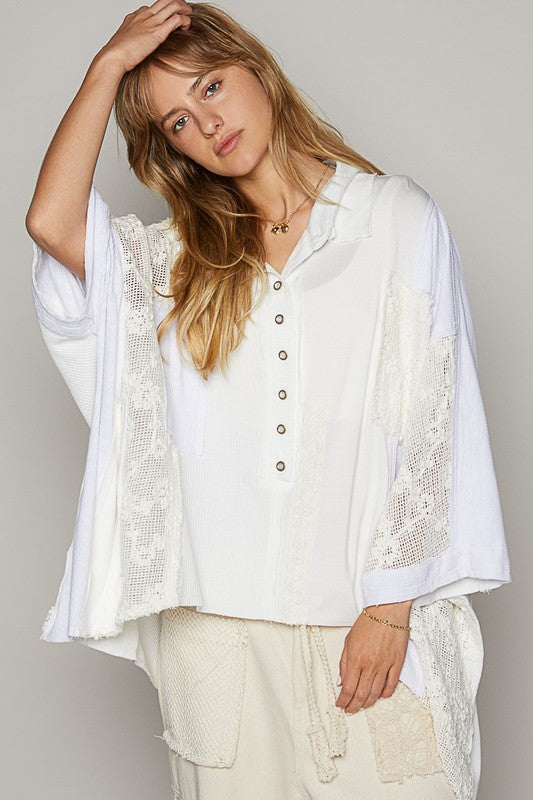 POL Crochet Patchwork Frayed Edge Half Button Knit Top - Sydney So Sweet