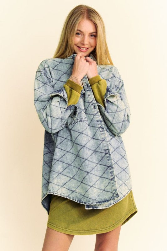 Davi & Dani Curved Hem Diamond Quilted Button Up Denim Shacket - Sydney So Sweet