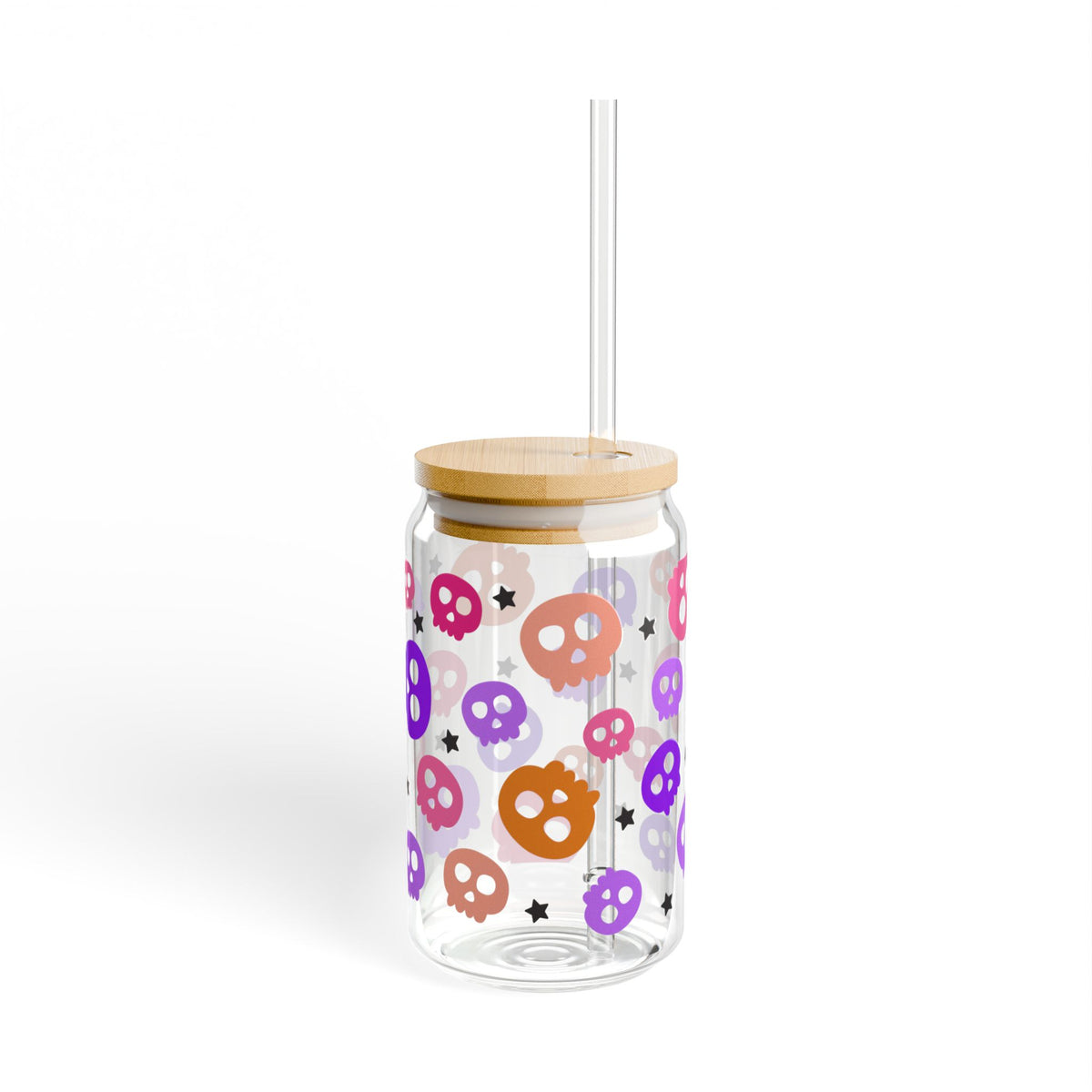 Spooky Bright Skulls Halloween Sipper Glass 16oz Reusable Drink Jar with Lid & Straw