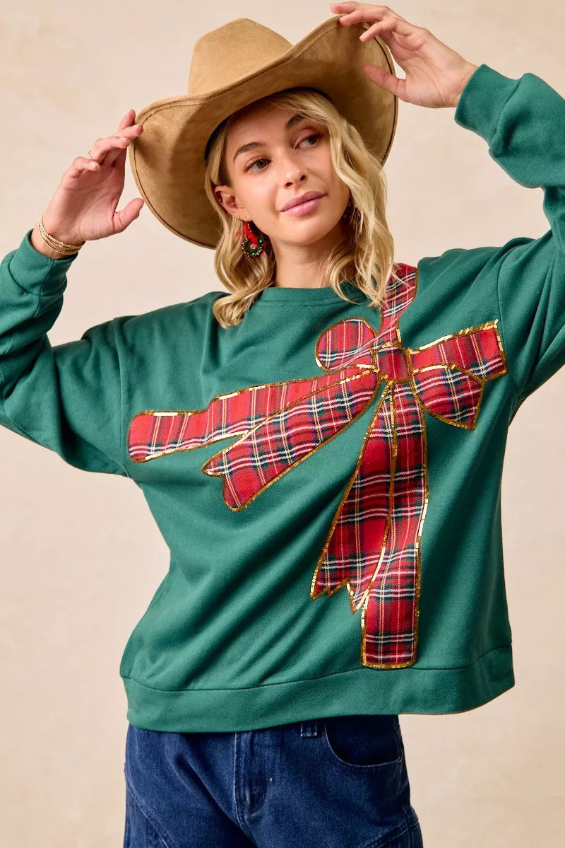 BiBi Plaid Ribbon Bow Detail Christmas Fleece Pullover - Sydney So Sweet