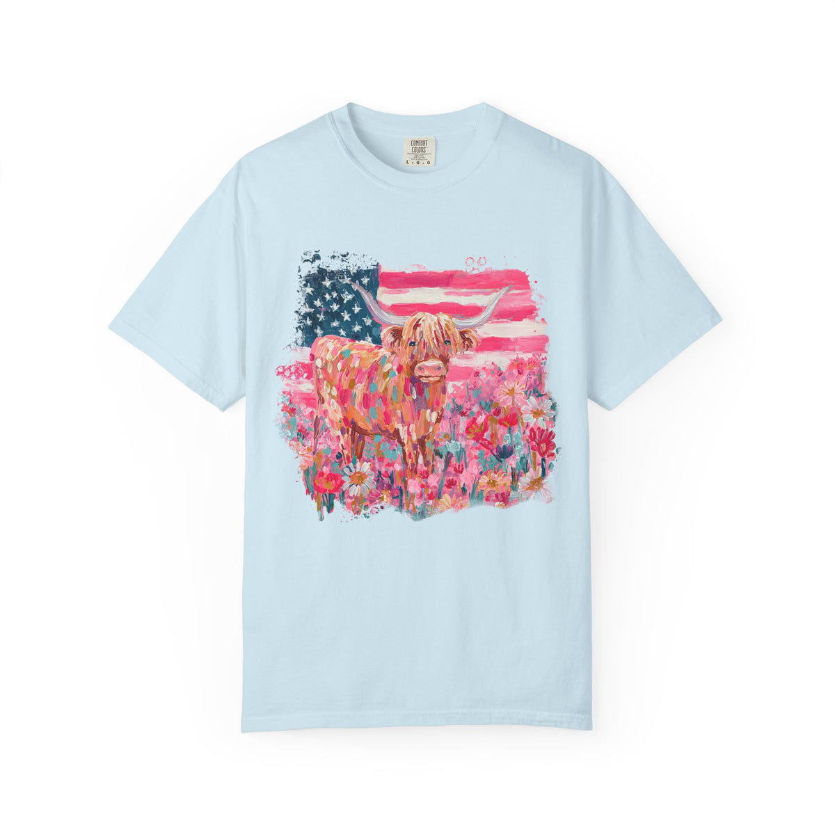 Patriotic Floral Highland Cow T-Shirt Watercolor Graphic Tee