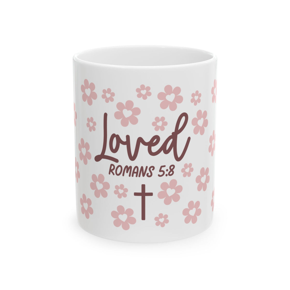 Loved Romans 5:8 Ceramic Mug — Floral Christian Inspirational Coffee Cup
