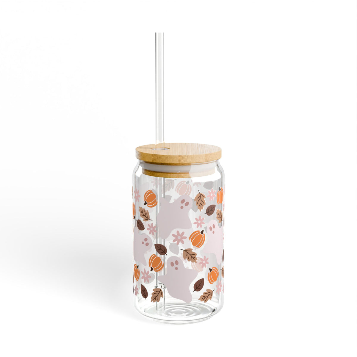 Fall Ghostie Pumpkin Floral Sipper Glass 16oz Reusable Drink Jar with Lid & Straw