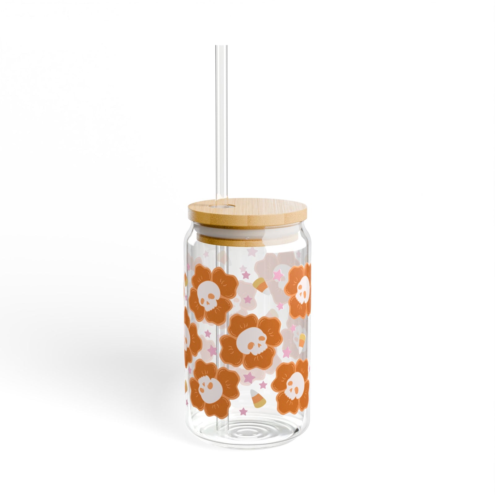 Spooky Skull Floral Halloween Sipper Glass 16oz Reusable Drink Jar with Lid & Straw
